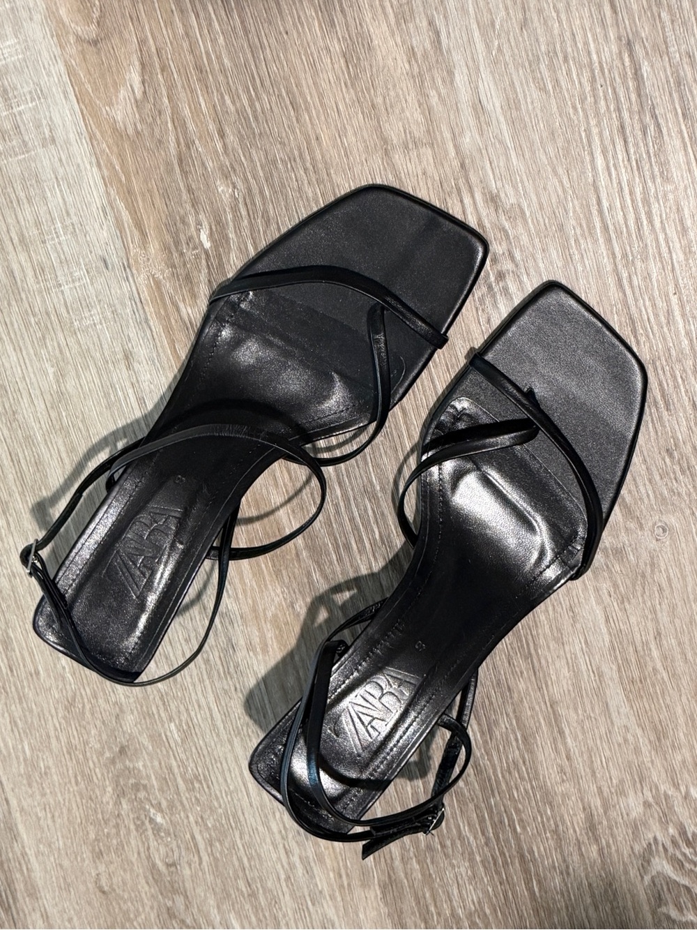 Zara Black Strappy Square-Toe Heeled Sandals